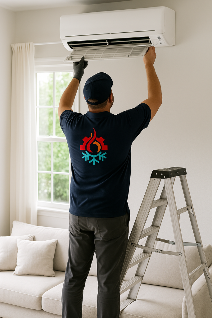 man touching min split next to ladder