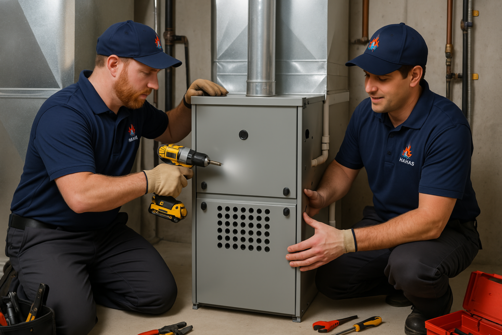 one holding dril and another holding furnace