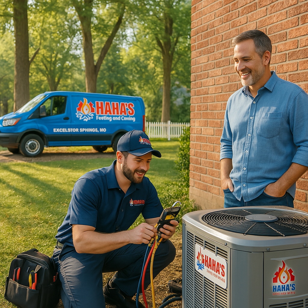 man working on ac unit and another man smiling looking at him working