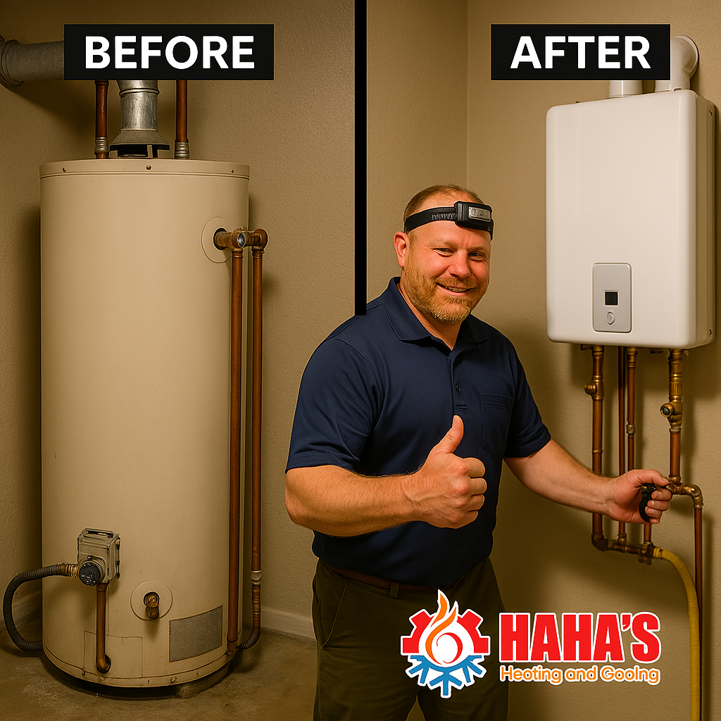 rusty heater and new heater and technician smiling with thumb up