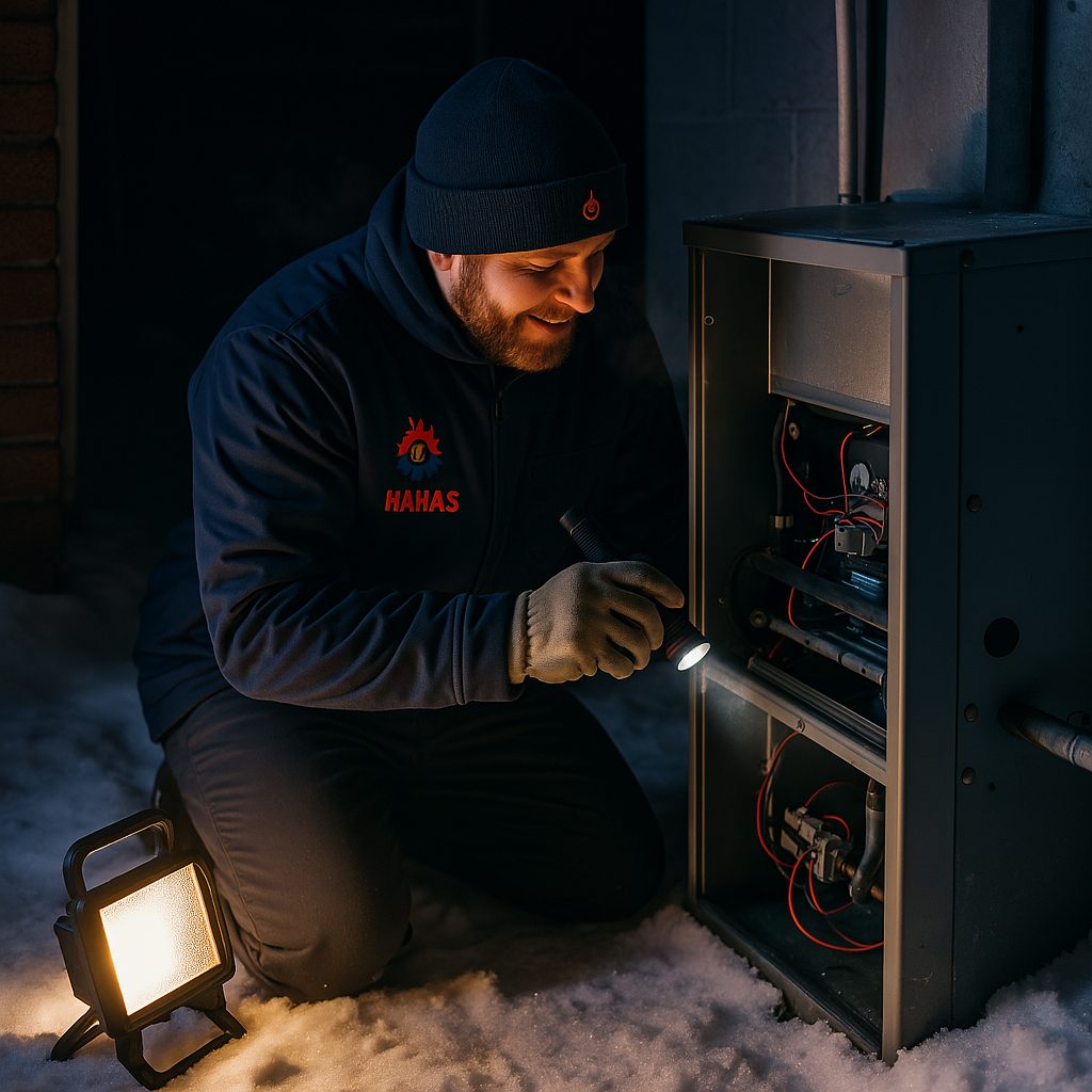 man working on furnace outside