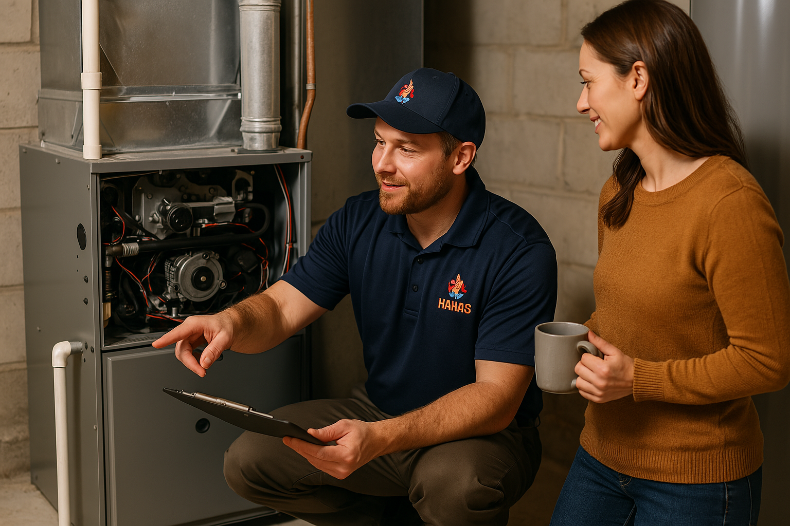 man pointing on furnace and lady is holding coffee mug happy