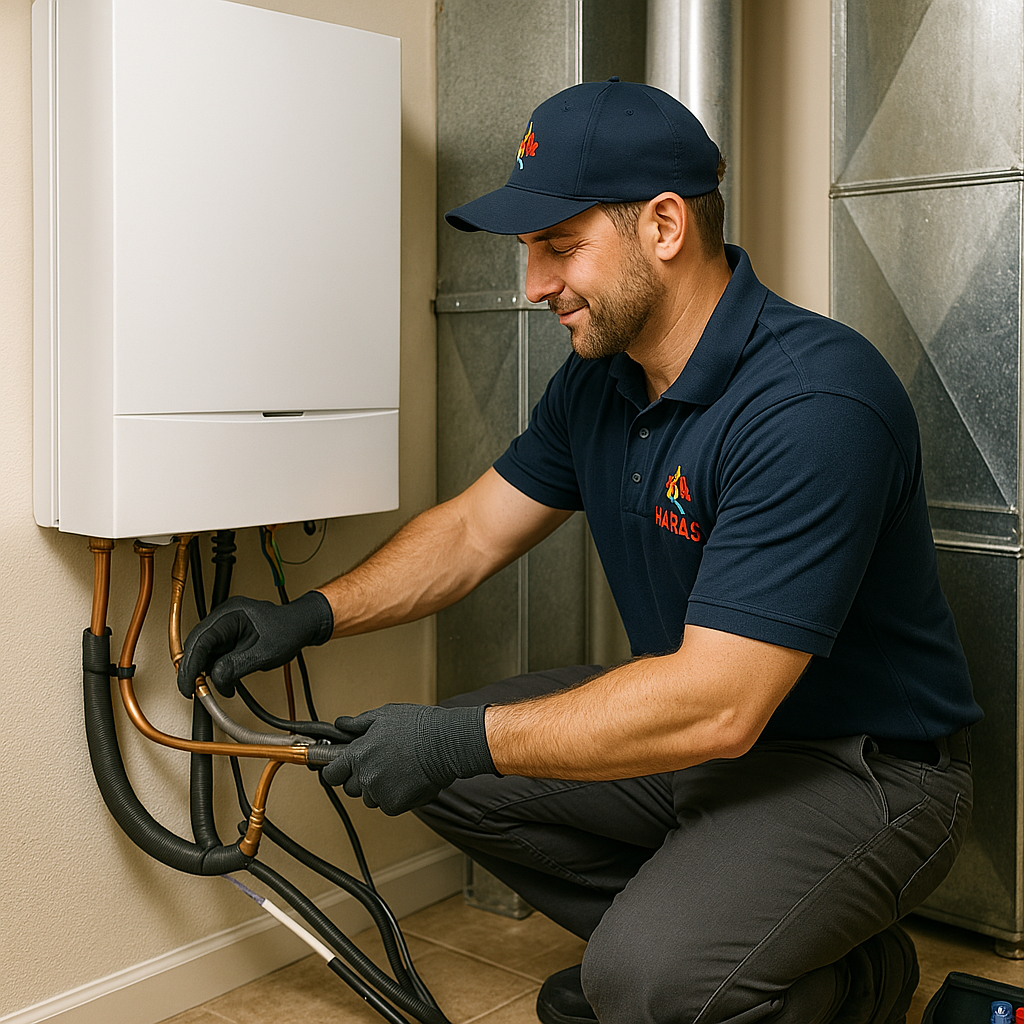 man smiling in front heat pump