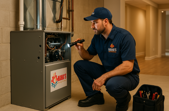 man working on air handler inside home