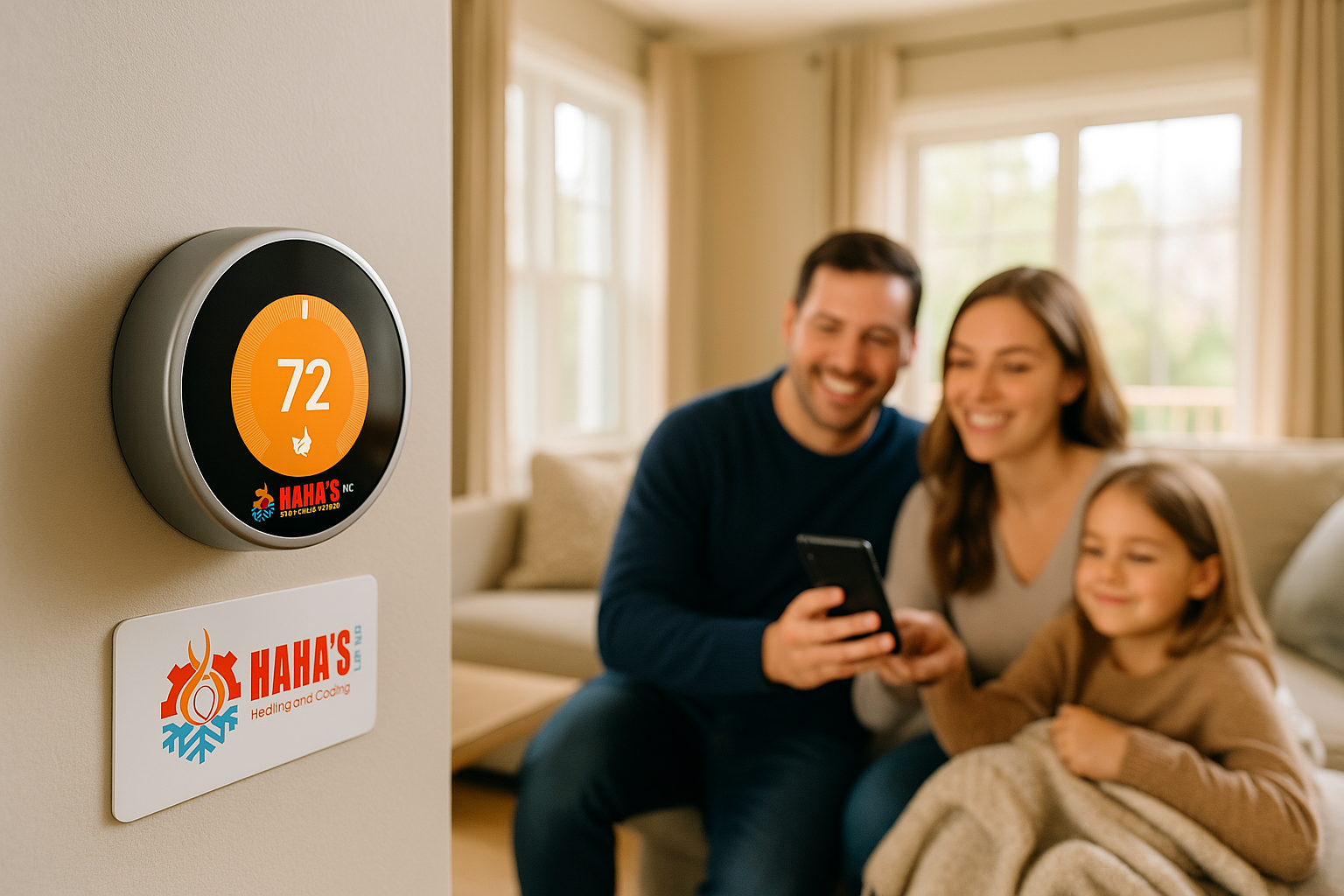 smartthermostat with haha logo and happy family