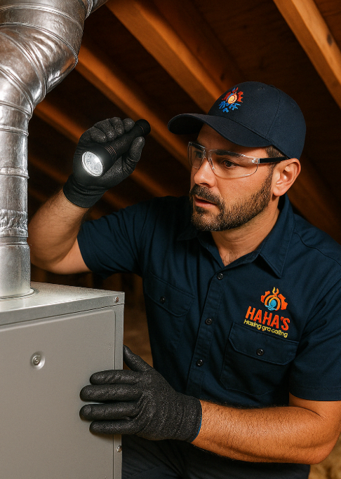 technician in an attic space, shining a flashlight into exposed ductwork