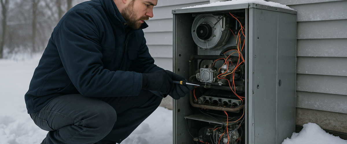 Technicians Fixing Furnace in cold weather