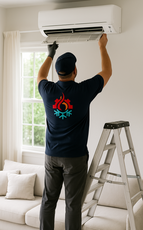 man touching min split next to ladder