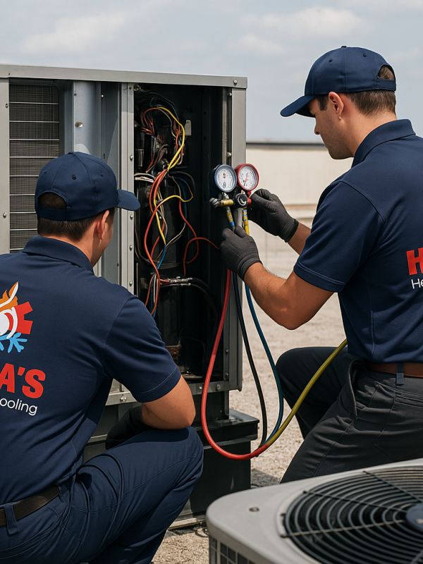 two men working on roof top ac