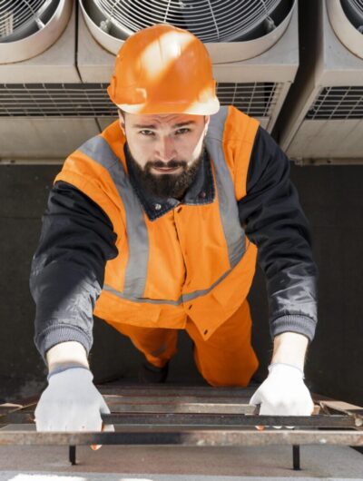 man climbing lader